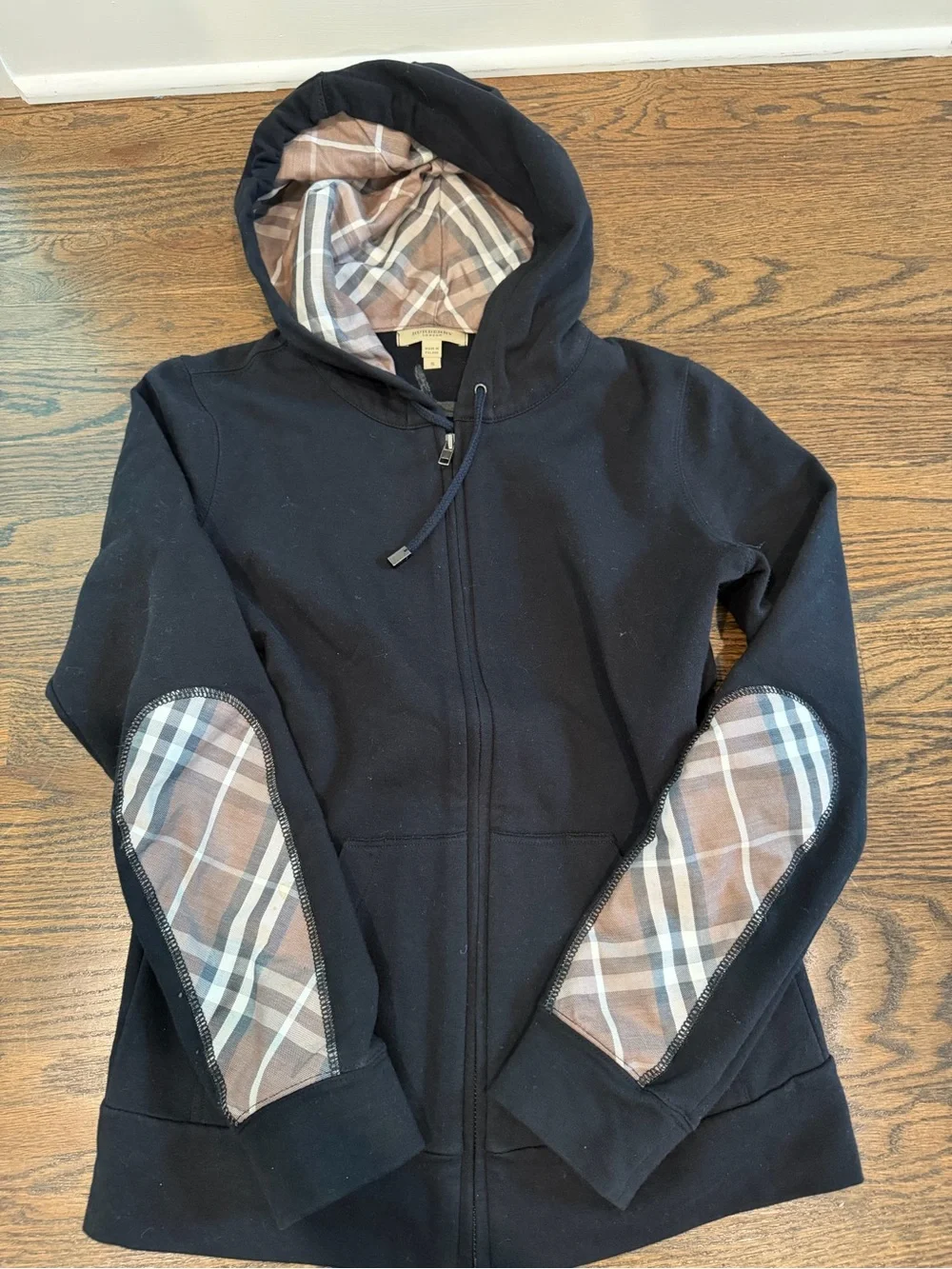 Burberry Black Zip-Up Hoodie with Beige Check Lining and Elbow Patches - Picture 1 of 7